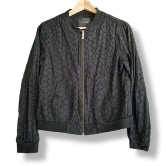 SANCTUARY 100% Cotton Bomber Eyelet Jacket Black Sz XS - Picture 2 of 11